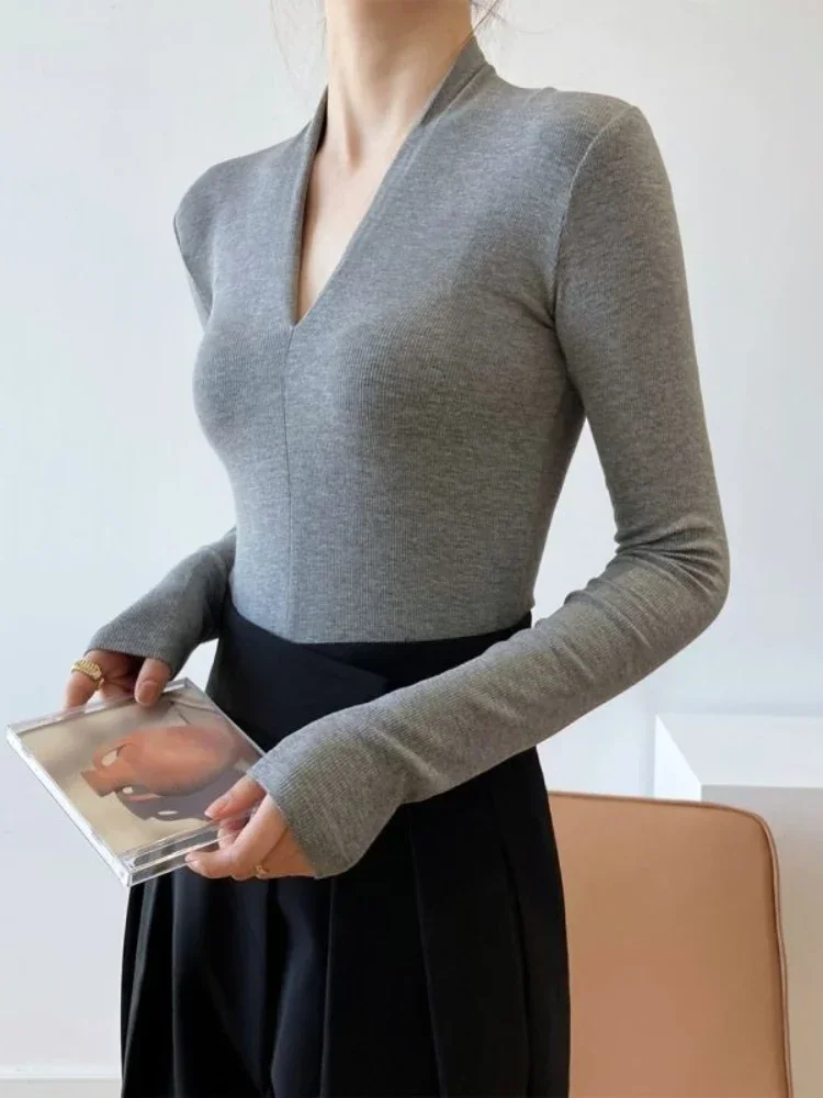 Women Top Fashion - V-neck Slim Shirts Long Sleeve Top