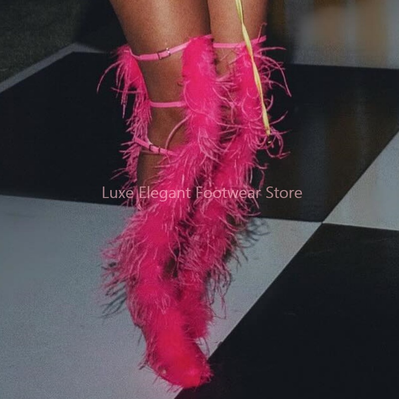 Pink Feather Strappy Hollow Bu - огляд і ціна Women'S Fashion Knee High Boots