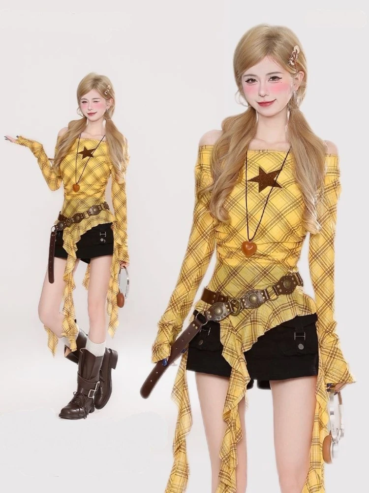 Y2K Plaid Slash Neck Vintage T - огляд і ціна Women Top Fashion