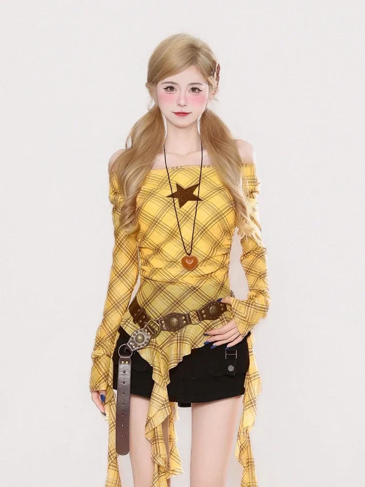 Y2K Plaid Slash Neck Vintage T - огляд і ціна Women Top Fashion