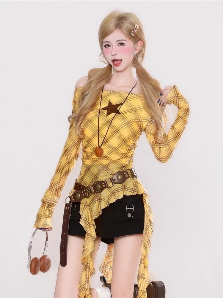 Y2K Plaid Slash Neck Vintage T - огляд і ціна Women Top Fashion